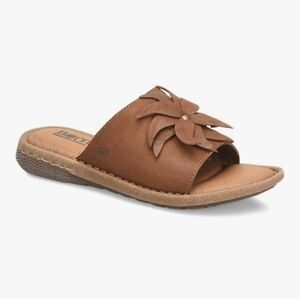 Born Monica Tan Leather Slip On Slide Sandals Floral Applique NEW